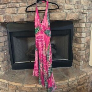Michelle Antonelli Fushia and green silk cocktail dress with accents. Medium